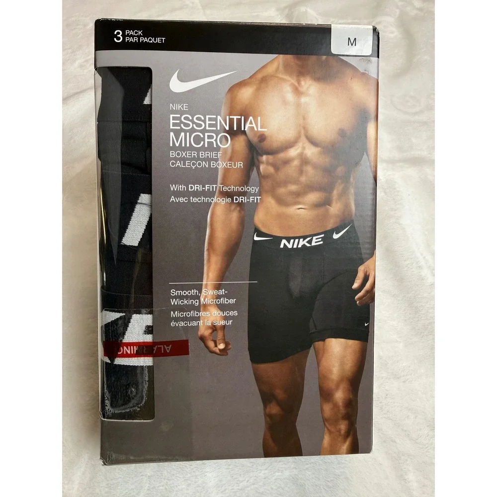Nike Essential Micro Boxer Briefs 3 Pack Black Dri-FIT Mens Medium Stretch NIB